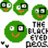 Green pixelated circular character with orange mouth and mismatched eyes, displayed in multiple poses alongside grayscale text blocks.