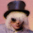 Pixelated image of a person wearing a dark top hat with a black band, light-colored hair, and a neutral expression against a pinkish background.