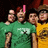 Group of people in green and yellow shirts with pink text overlays changing across frames.