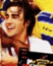 Animated sequence showing a person in a yellow and blue striped shirt with a red and black graphic overlay, transitioning through pixelated and color-filtered states.