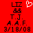 Red background displays two identical pixelated text blocks with a white heart icon above the left block, showing 'LIZ', 'T.J.', 'A.A.F.', and date '3/18/08' in black pixels.