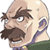 Pixelated cartoon-style character face with exaggerated features, brown hair, mustache, and purple clothing against a white background.