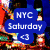 A static buddy icon with four text-based sections: blue 'NYC Saturday <3', black 'With A best Tarynn<3', and black 'Shopping in the City' over a colorful background.