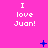 A bright pink background displays repeated white text "I love Juan!" with scattered blue pixelated symbols that change across frames.