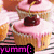 Pixelated cupcakes with pink frosting and cherry toppings, featuring text overlays in purple, pink, and green.