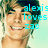 Pixelated image of a smiling person with light skin and dark hair, overlaid with cyan text reading 'alexis loves zac' on a light background.