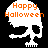 Pixelated skull with 'Happy Halloween' text in orange, displayed across four quadrants showing color variations.