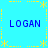 Blue background with yellow dotted border and star motifs, four instances of blue text "LOGAN" arranged in a