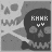 A grayscale animated icon featuring a skull with crossed bones, displaying the text 'KMR' and two small heart symbols above it.