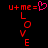 Red pixelated text 'u+me=LOVE' with a pink heart symbol replacing the equals sign on black background.