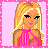 Pixel art contact sheet showing a blonde doll character in pink attire with accessories and text elements on a pink dotted background.