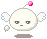 Pixelated white spherical character with small wings, pink gem on head, and brown mouth; four variations show wing position changes.