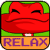 Pixelated red cartoon character with closed eyes and a flat mouth, wearing green shoulder pads and an orange lower section with purple text reading "RELAX".