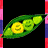 Animated green pea pod with yellow smiley face inside, rotating against black background with vertical red-pink-blue stripes.
