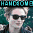 A four- of pixelated images featuring a person with dark hair, sunglasses in one , and text overlays including "HANDSOME," "LOVING!," "<33 <33!"