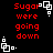 Red text "Sugar were going down" on black background with white pixel-art squares in corners, animated as squares shift positions across frames.