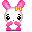 Pixelated cartoon bunny with pink ears and bow, red nose, black eyes, pink paws, and heart symbols in various poses.