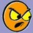 Pixelated circular icon with orange face, yellow eyes, black pupils, and a downturned mouth on light purple background.