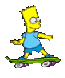 Yellow-haired cartoon character in light blue shirt and shorts rides green skateboard with purple wheels on black background.