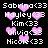 Pixelated text lists names with age markers and pink hearts on black background, showing animation changes in heart positions.