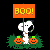 Animated Halloween-themed icon featuring Snoopy holding a 'BOO!' sign, with repeated 'happy halloween' text in yellow and orange across the background.