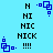 Pixelated blue background with black text 'N', 'NI', 'NIC', 'NICK', and four exclamation marks arranged vertically, accompanied by small blue square-based symbols at corners.