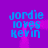 Blue pixelated text 'jordie loves kevin' on purple background with pink light effects, four identical arranged in a