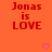 Red text 'Jonas is LOVE' on orange background with pink hearts, static image.