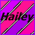 Pixelated icon with diagonal checkered stripes over a pink and purple gradient background, featuring the name 'Hayley' in bold black text.