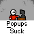 Pixel art character in red shirt and white hair sits at computer, with multiple pop-up windows showing text like 'FREE' and 'WIN!' in various colors.