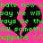 Pixelated green text on bright pink background with four black heart shapes, each containing repeated phrases and a smiley face.