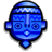 Static pixel art icon of a blue mask-like face with geometric patterns and symmetrical features on a gray background.