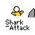 Animated sequence showing a yellow figure with white head and gray shark attacking from various angles on gray background.