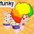 Pixelated character with yellow-green hair and orange-red gradient face, wearing patterned shirt and blue shorts on wooden background.