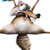Pixelated cartoon fox with brown and white fur, wearing a blue helmet and pink scarf, holding two brown sticks, standing on a flat brown base with a tail extending downward.