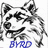 Pixelated grayscale dog head on left, blue background with repeated white text "Go Huskies" three times on right.