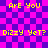 Pixelated text on a purple and pink checkered background with yellow lettering.