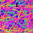 A pixelated image with a vibrant, multicolored background featuring pink, blue, green, and orange hues, displaying text elements in black.
