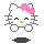 Pixelated white cat with pink bow, yellow nose, and gray whiskers; left view shows closed eyes without blush or heart, right view adds pink blush marks and floating pink heart above head.