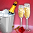 Animated sequence showing champagne bottle popping with bubbles, two flutes filled with golden liquid, and a silver bucket on red background.