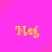 Bright pink background with yellow pixelated text "Meg" repeated in a pattern, surrounded by orange and pink star-shaped pixel clusters with dotted lines