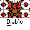 Animated contact sheet of a pixel art character with red horns and armor, displayed across three rows on a gray background with repeating "Diablo" text labels beneath each frame.