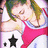 Pixelated image of a person with green and brown hair wearing a pink top, holding an object near their face.