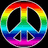 Rainbow-colored peace symbol with black negative space, set against a dark background.
