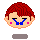 Pixelated character with red hair, blue tears streaming from closed eyes, pink cheeks, and a small red mouth on a gray background.