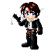Pixel art character with brown hair and blue eyes in black outfit with red belt, shown in multiple poses holding a silver sword.