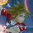 Pixelated image of a character with green hair, red accents on clothing or accessories, and blue background elements.