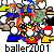 Pixelated cartoon character with brown hair, blue shirt, green vest, red pants, and white shoes stands amid multiple white circular shapes on gray background.