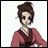 Pixelated anime-style character with brown hair in a bun wearing a red robe over white clothing, standing against a white background.