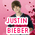 A pink background with scattered red hearts features a person in dark clothing holding text blocks that change from 'JUSTIN BIEBER' to 'LOVES' and then 'JULIA GARETANO'.